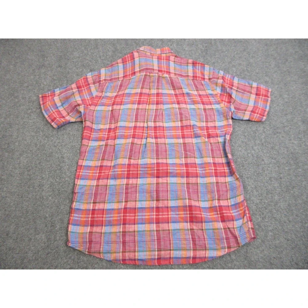 Orvis Shirt Mens Medium Red Plaid Linen Madras Button Up Casual Lightweight